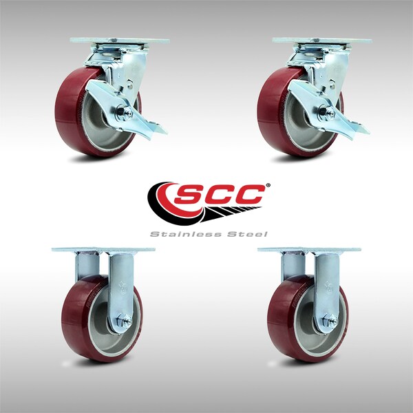 5 Inch SS Poly on Aluminum Caster Set with Ball Bearings 2 Brakes 2 Rigid SCC